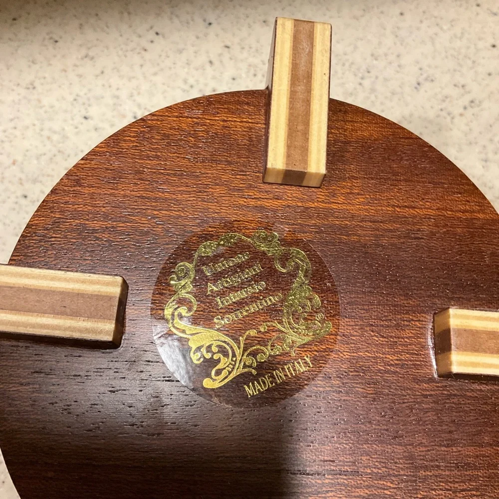 HANDMADE Italian Coaster Set of 6 Inlaid Wooden Stand Mandolin/ Violin Brown Tan